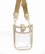 Tall Rectangle Clear Stadium Bag with gold strap and trim.