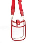 Tall Rectangle Clear Stadium Bag with red strap and trim.