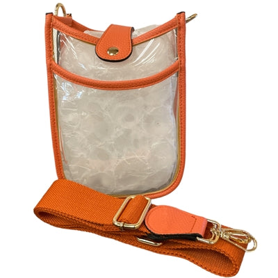 Tall Rectangle Clear Stadium Bag with orange strap and trim.