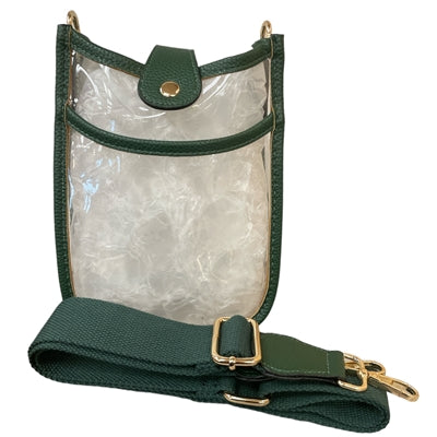 Tall Rectangle Clear Stadium Bag with hunter green strap and trim.