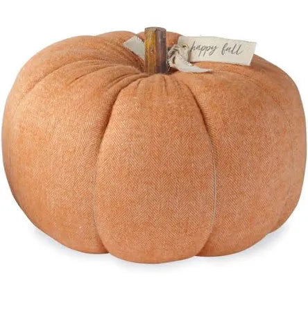 Large Orange Cotton Pumkin with a burlap tag featuring "Happy Fall".