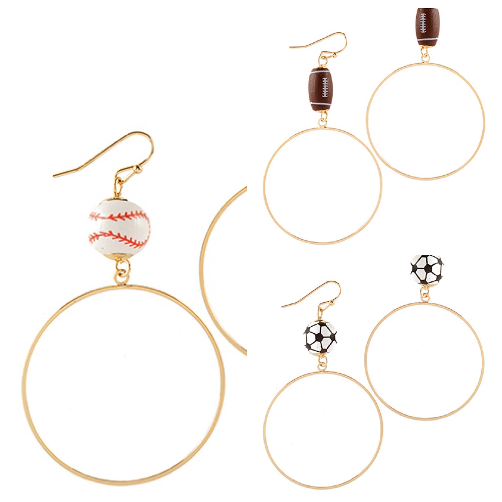 Assorted sports gold hoop earrings.