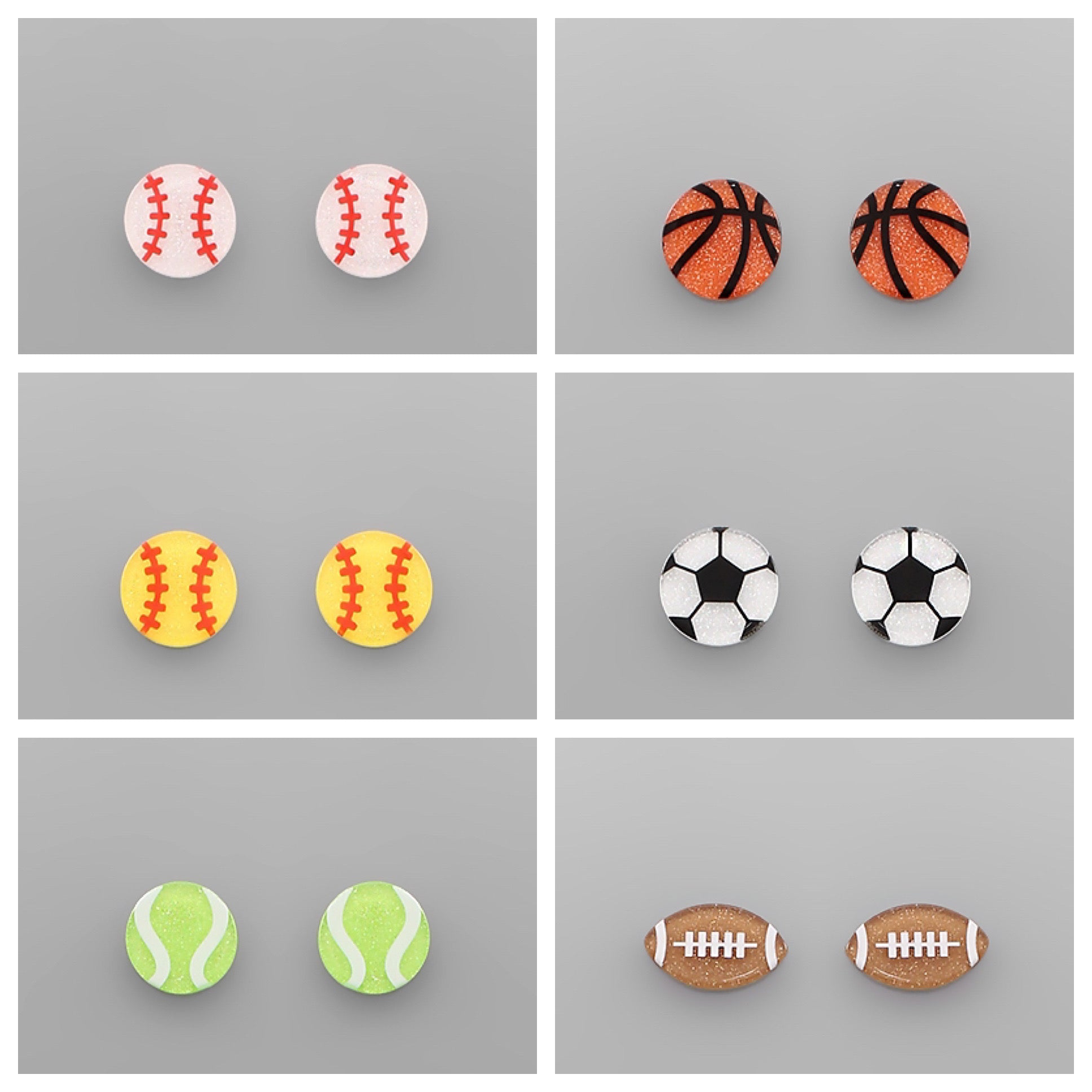 Assorted sports acrylic stud earrings.