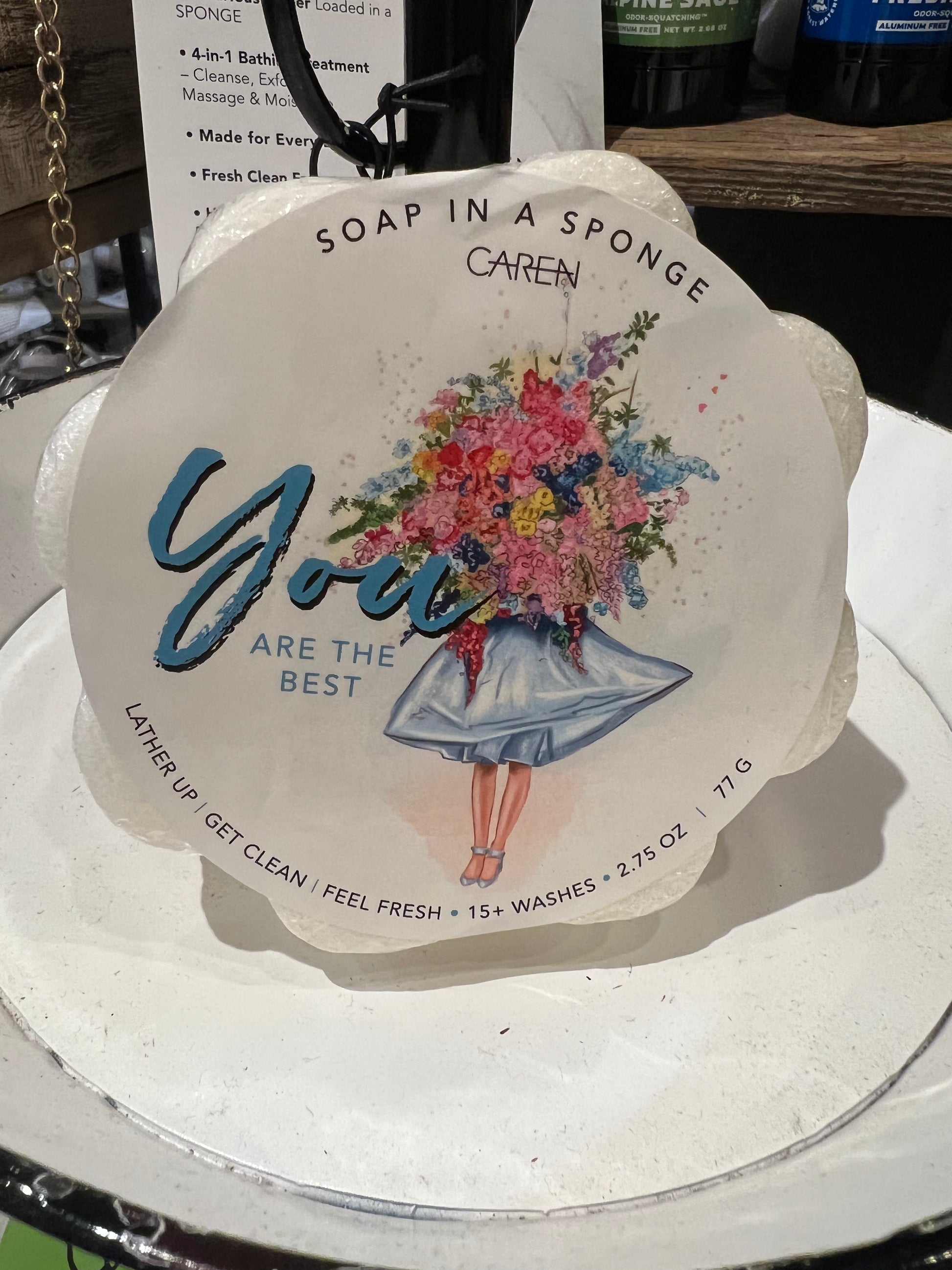 Caren "You Are The Best" Soap sponge shaped like a white flower.