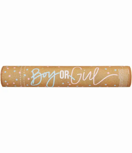 Light pink confetti tube with "Boy or Girl" in blue and pink lettering.