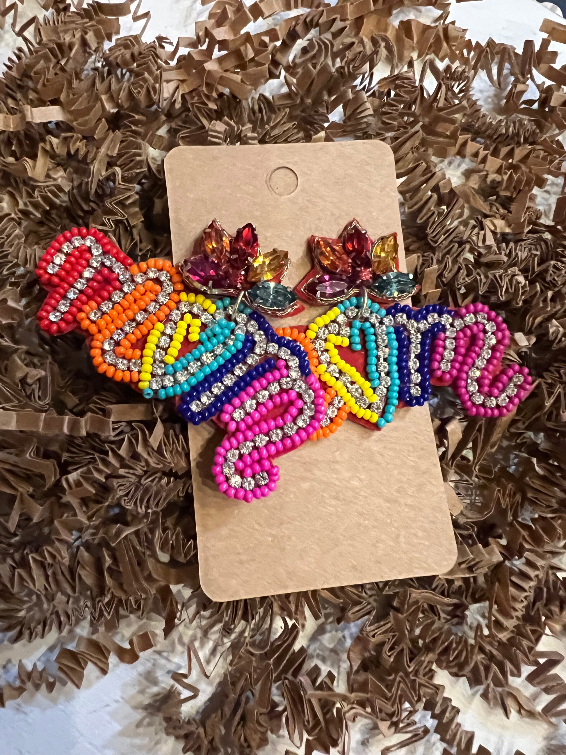 Multicolor Beaded Earring featuring "Mom" with Rhinestone Studs.