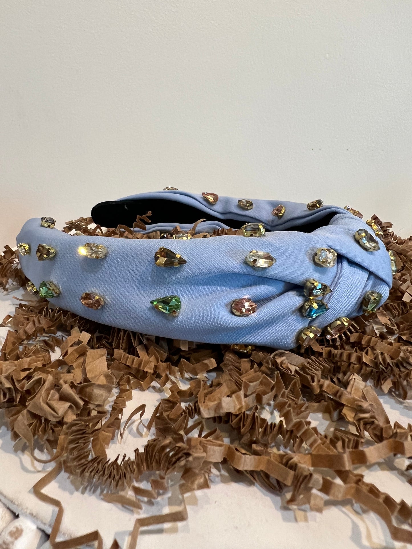 Sky blue multicolor jeweled headband.