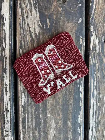 Burgundy "Y’all" Game Day Boots Beaded Coin Purse.