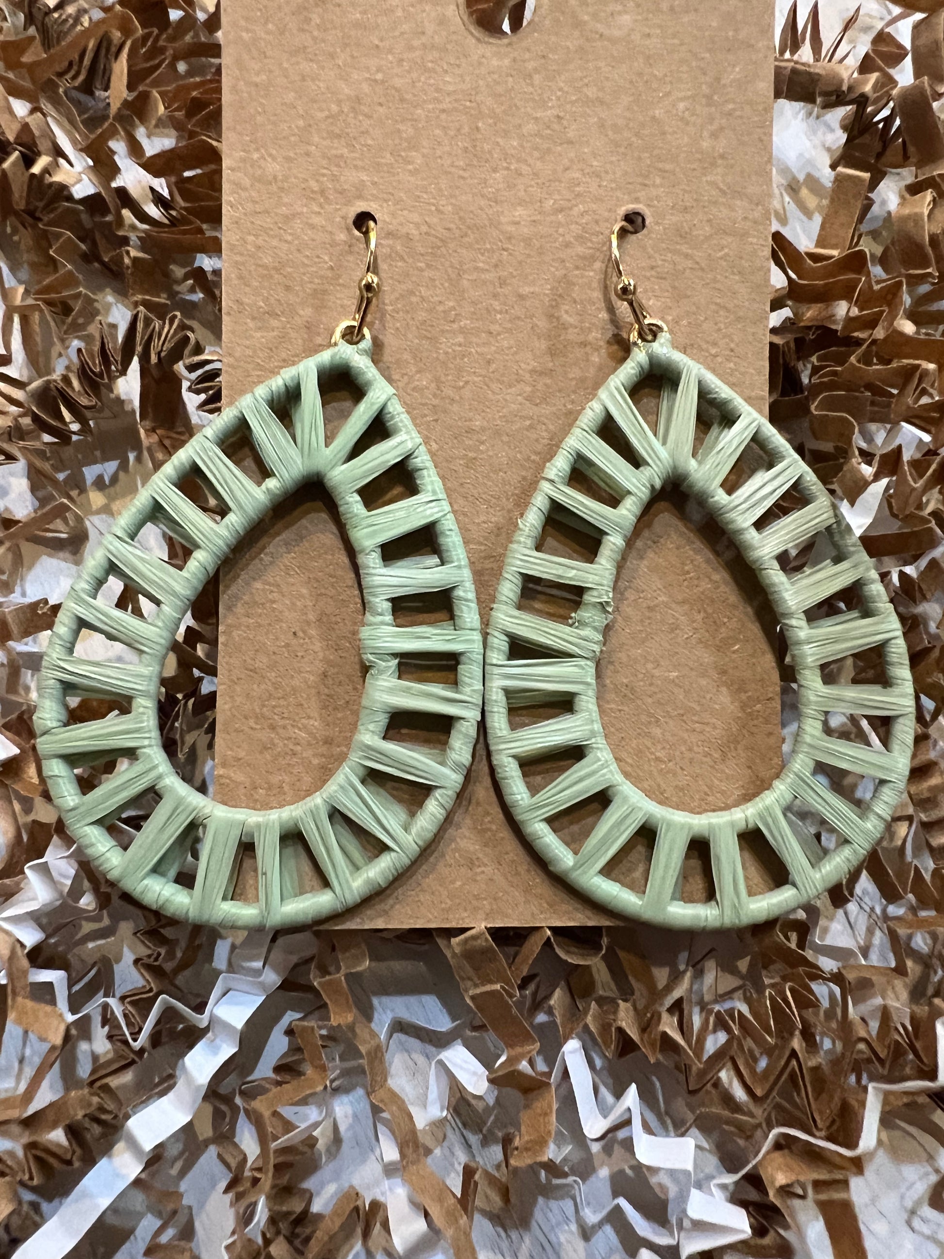 "Sage" raffia wrapped teardrop earrings.