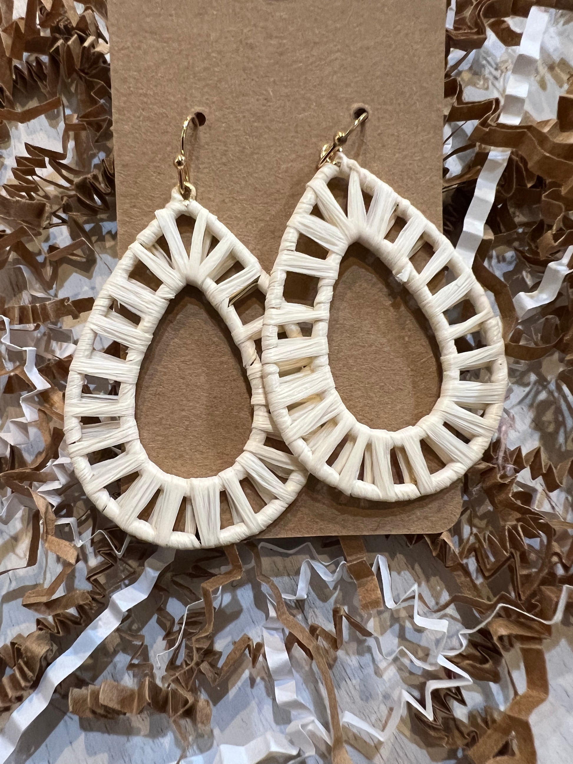 "Ivory" raffia wrapped teardrop earrings.