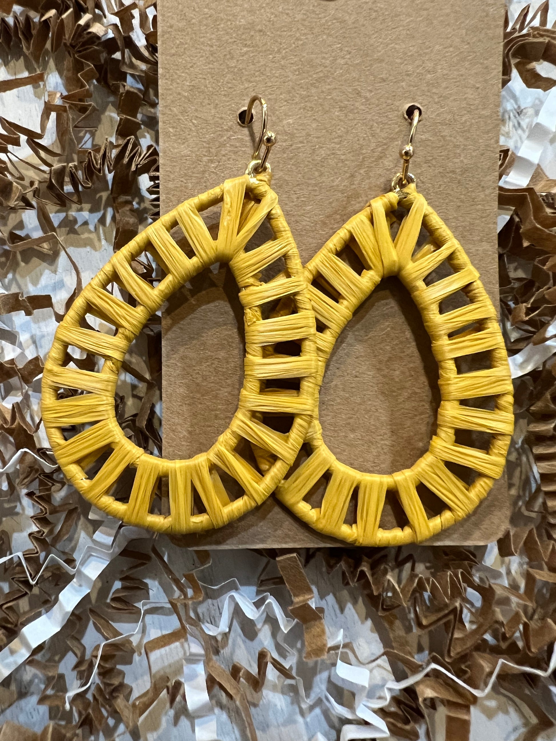 "Mustard" raffia wrapped teardrop earrings.