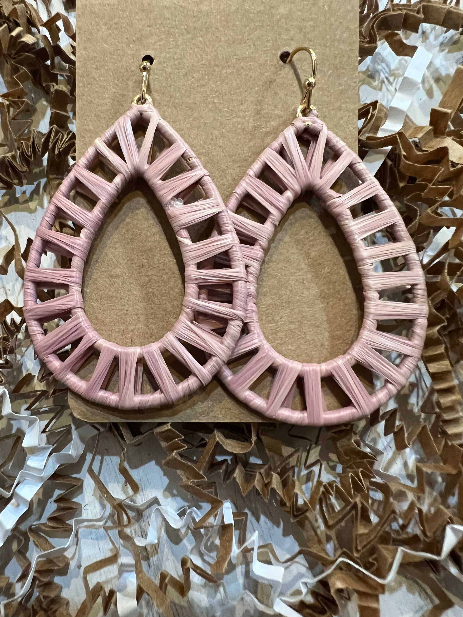 Blush" raffia wrapped teardrop earrings.