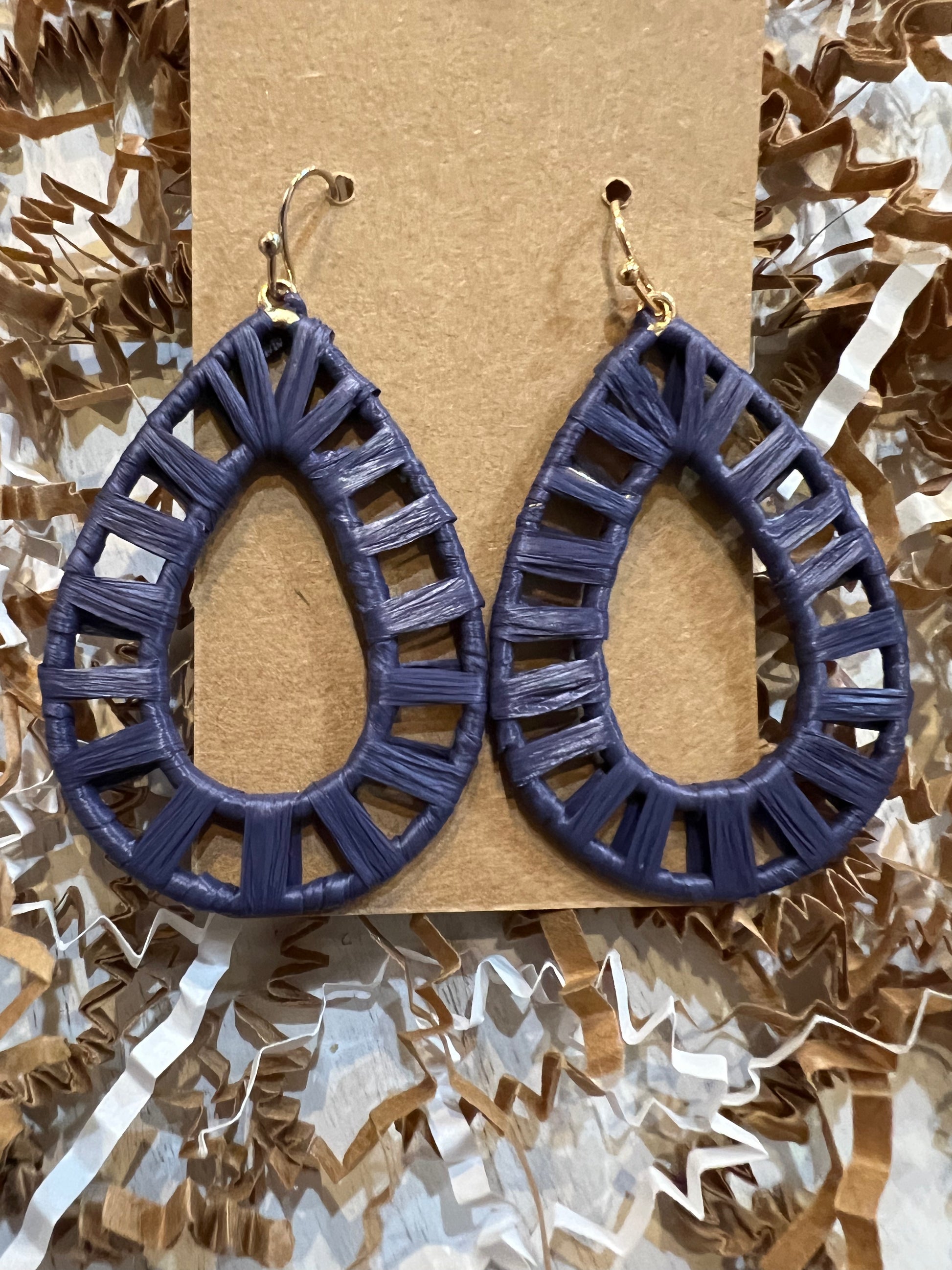 "Navy" raffia wrapped teardrop earrings.
