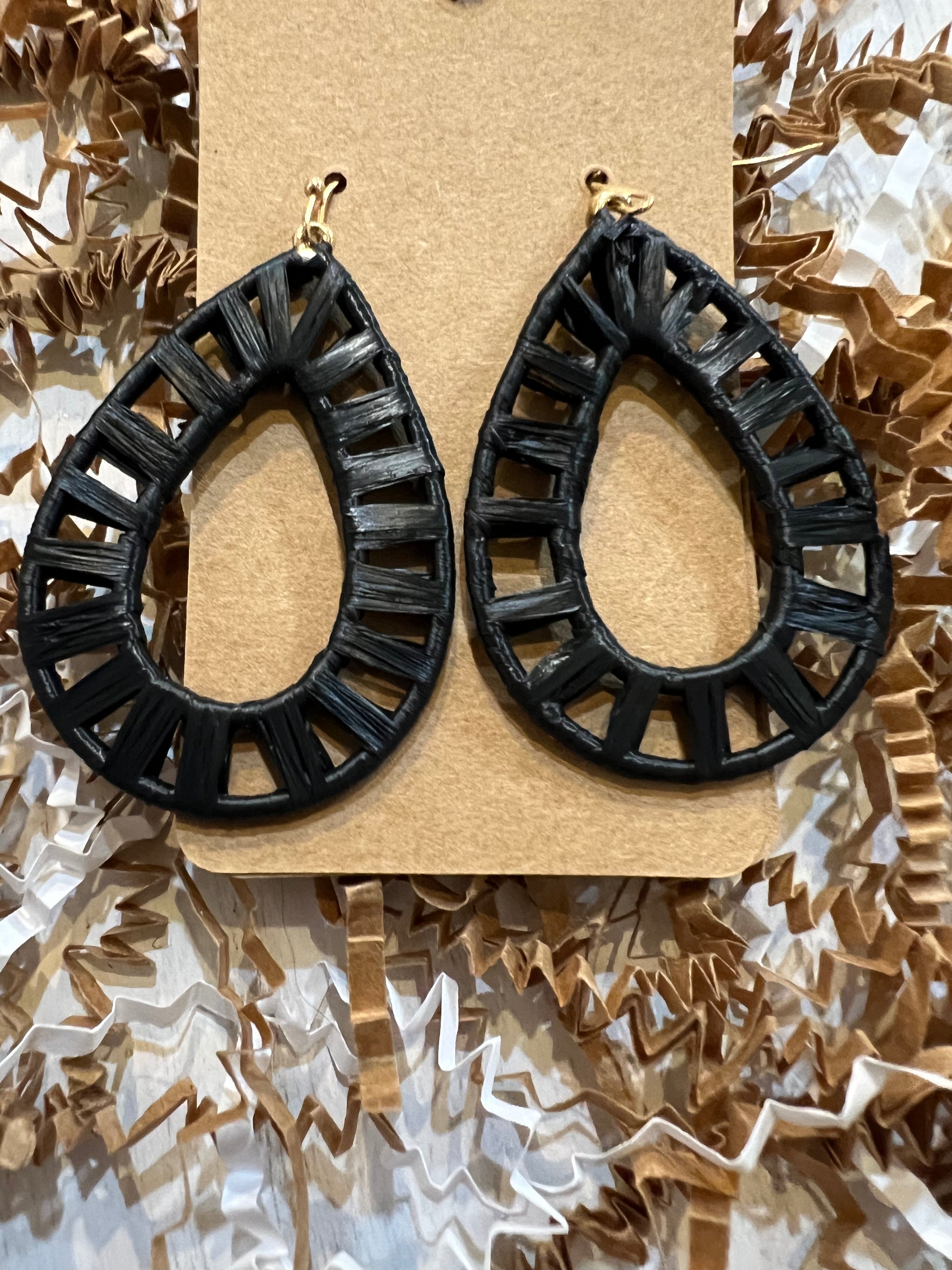 "Black" raffia wrapped teardrop earrings.