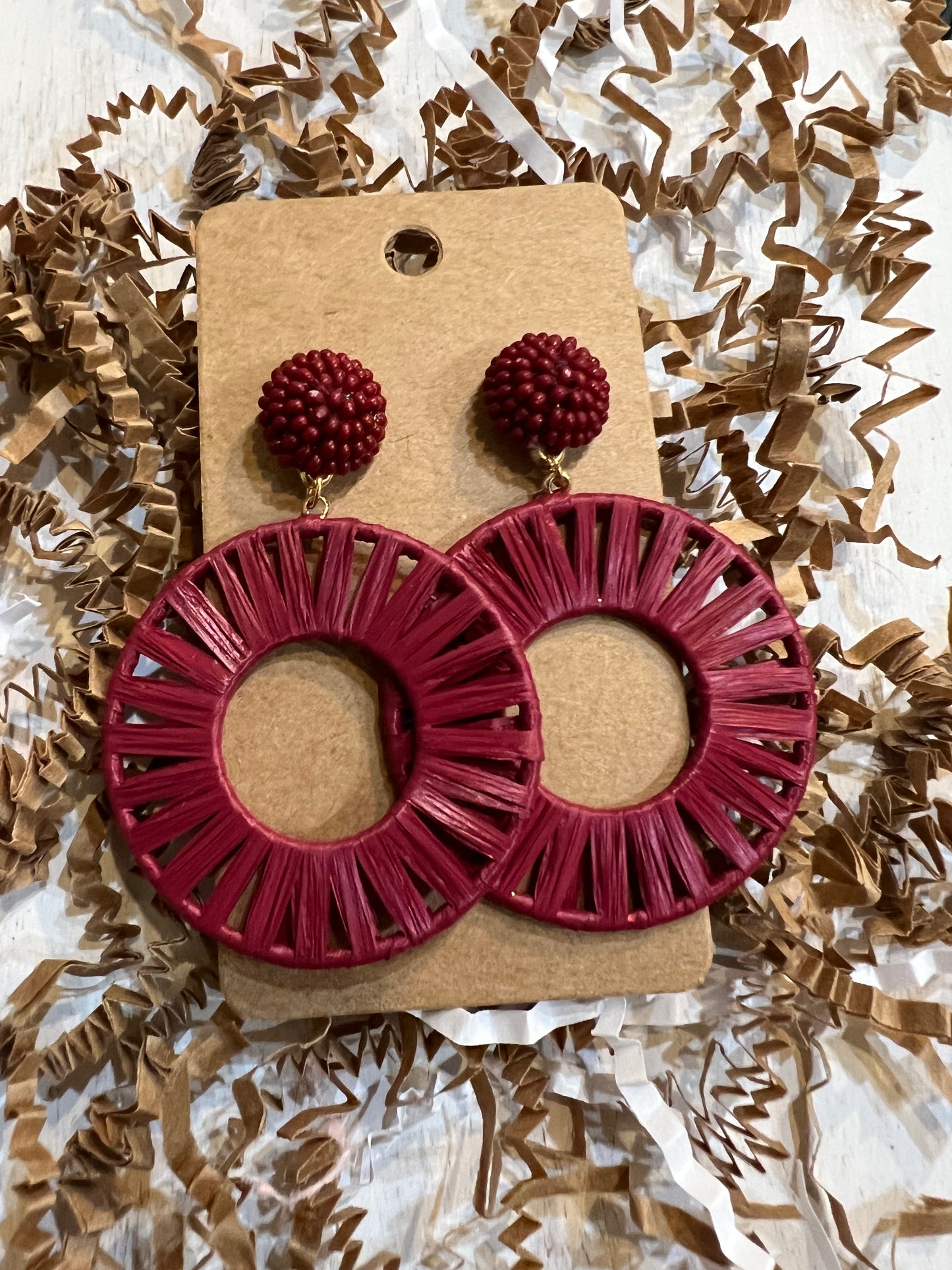 Maroon Beaded Stud Round Raffia Earrings.