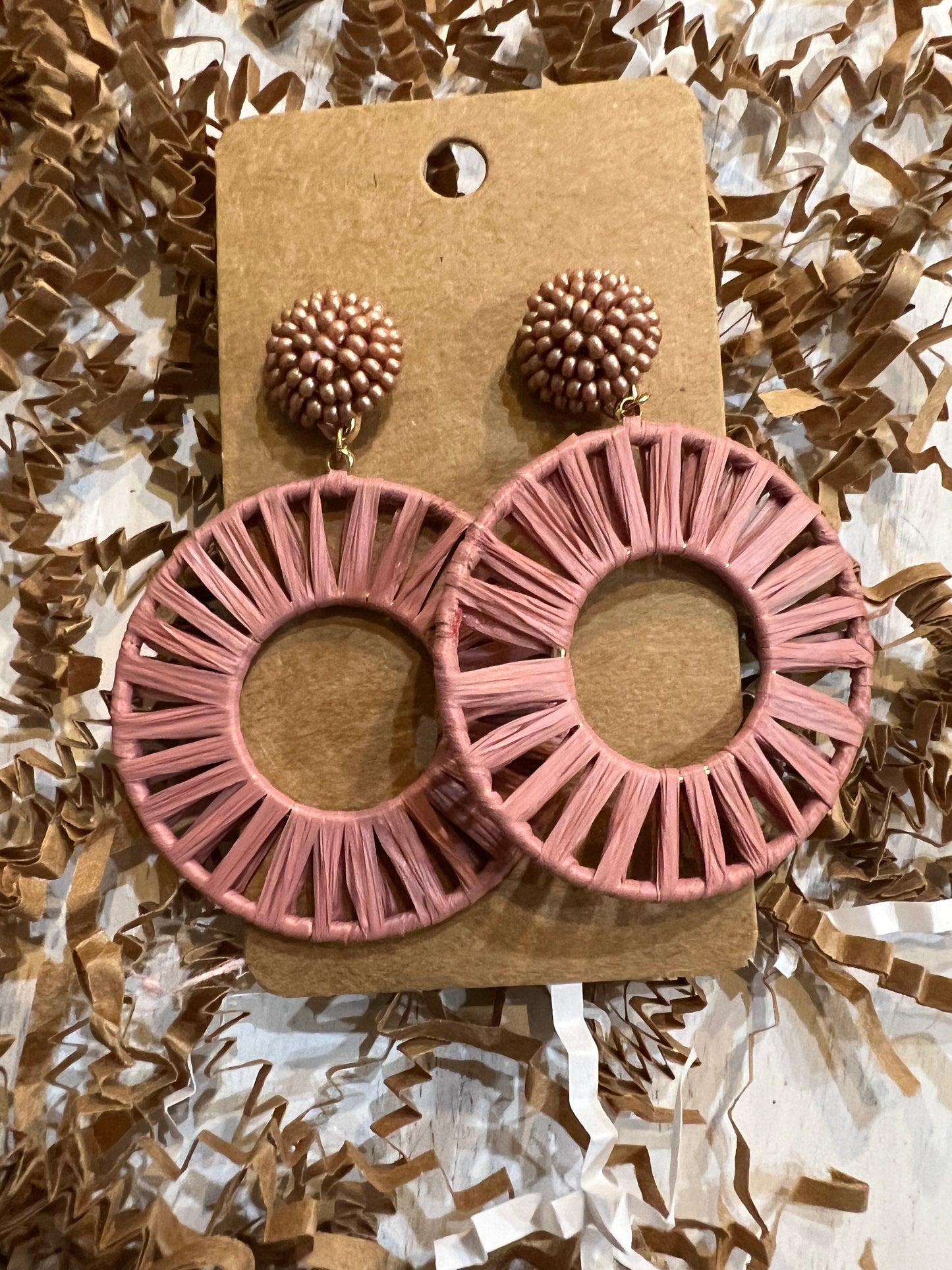 Blush Beaded Stud Round Raffia Earrings.