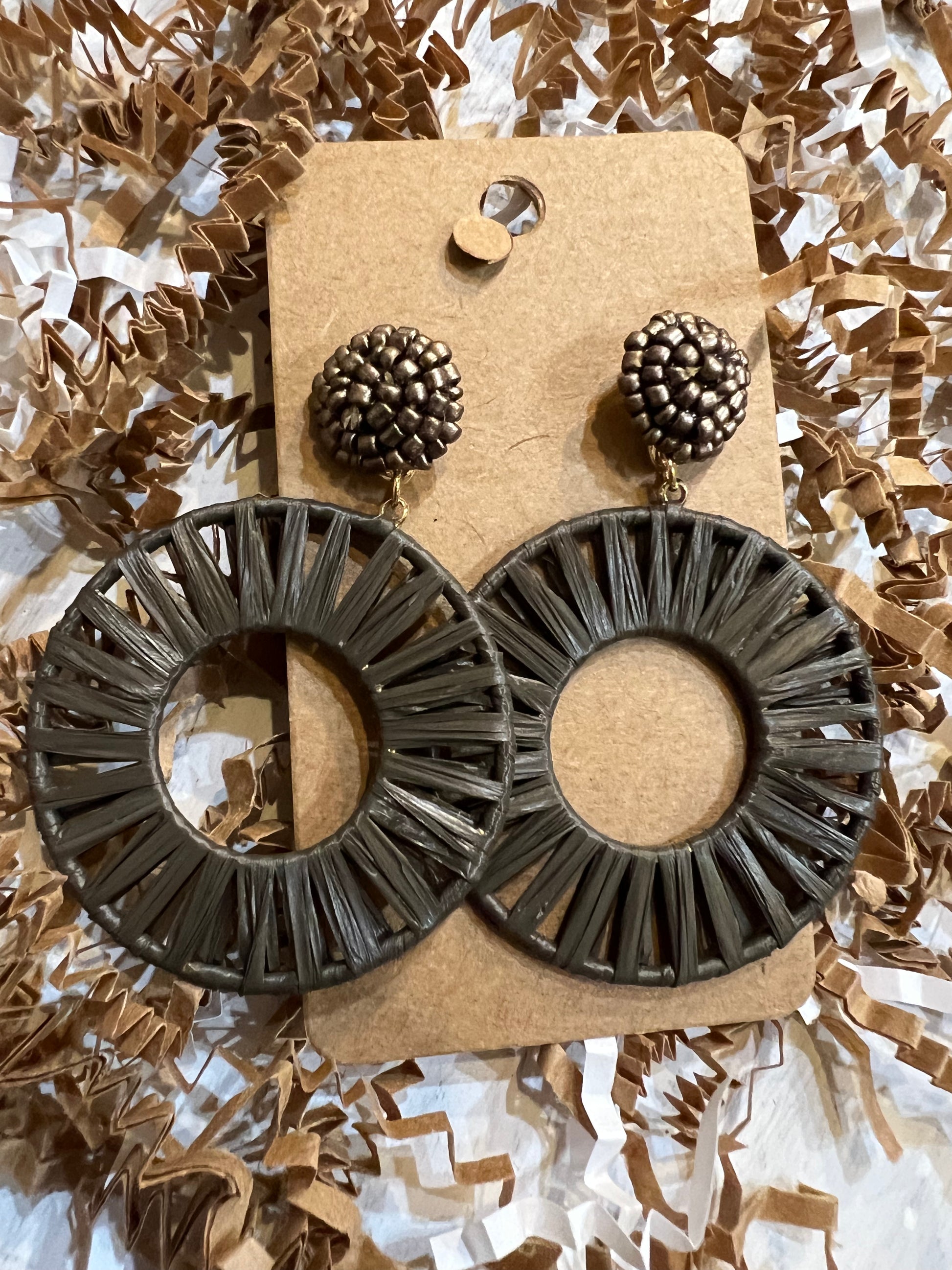 Chocolate Beaded Stud Round Raffia Earrings.