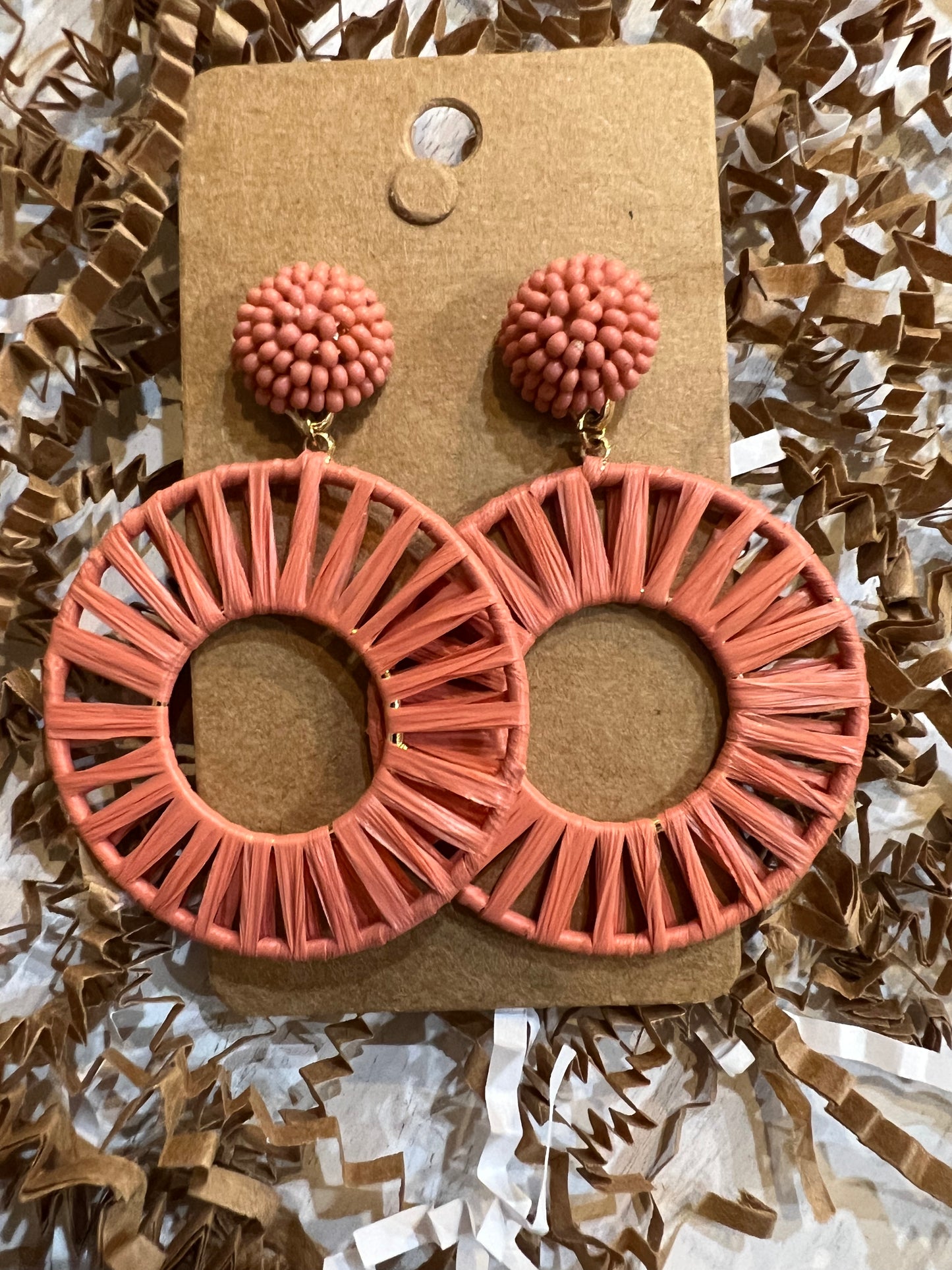 Beaded Stud Round Raffia Earrings