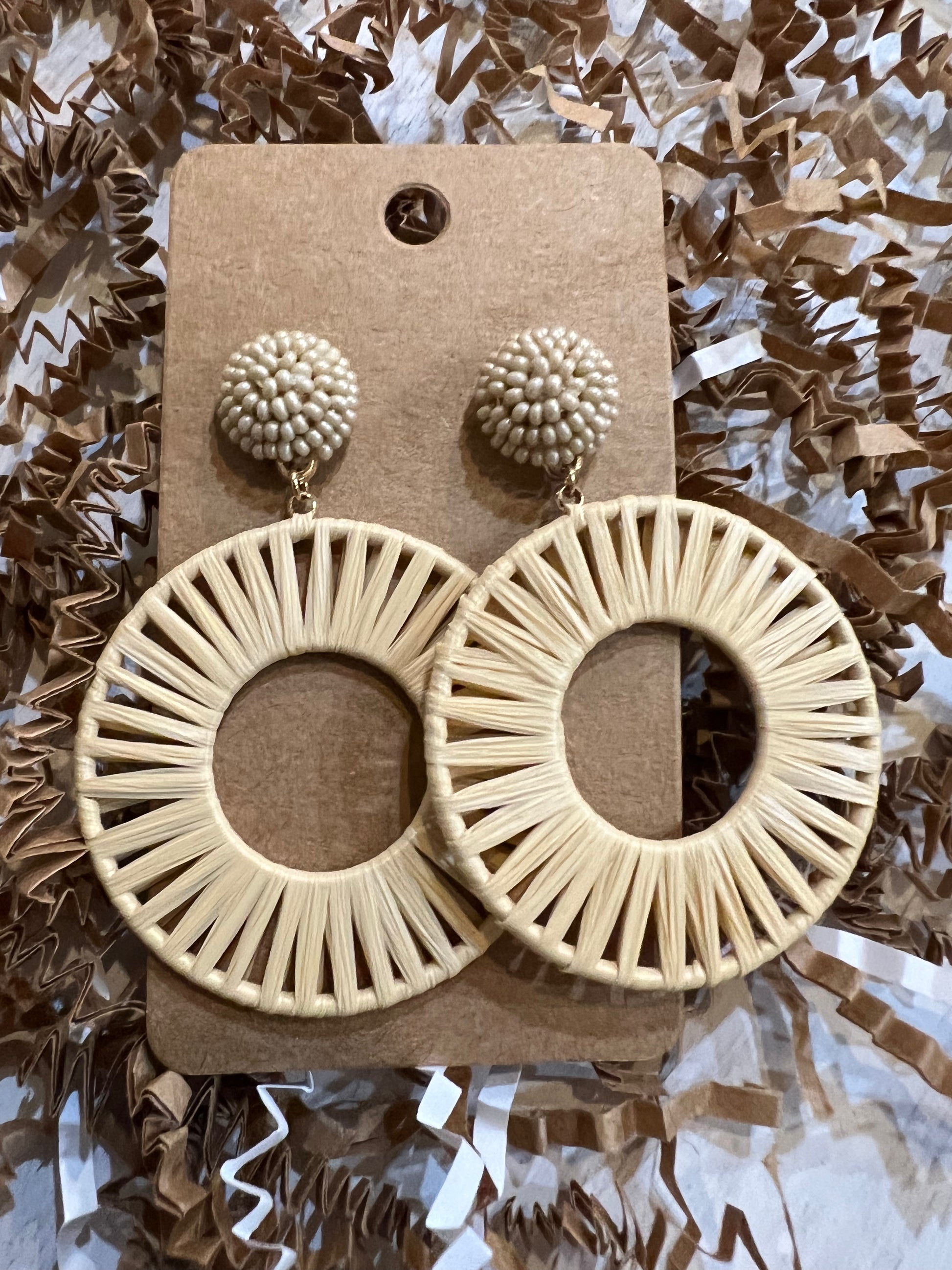 Cream Assorted Beaded Stud Round Raffia Earrings.