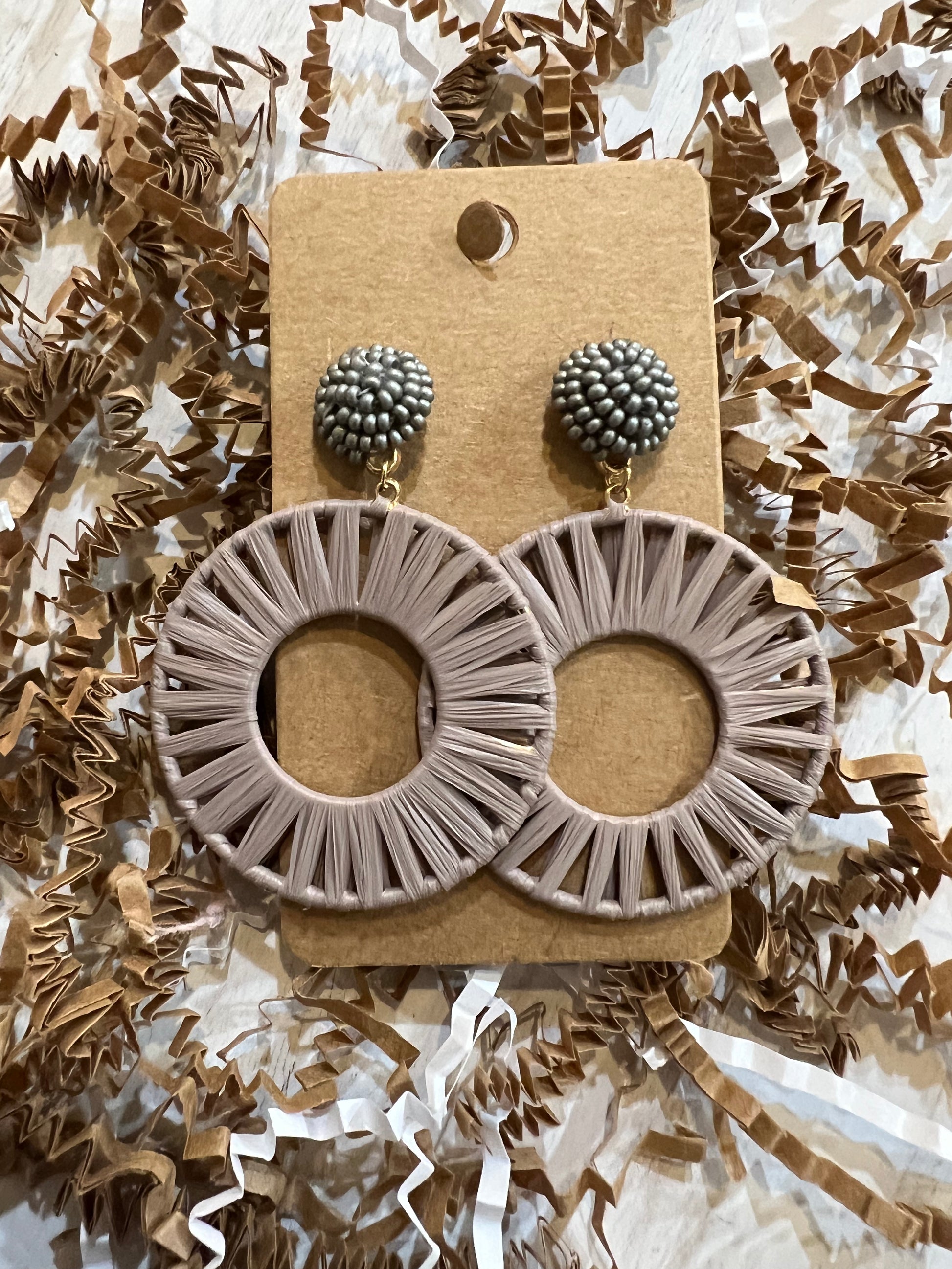 Mocha Beaded Stud Round Raffia Earrings.