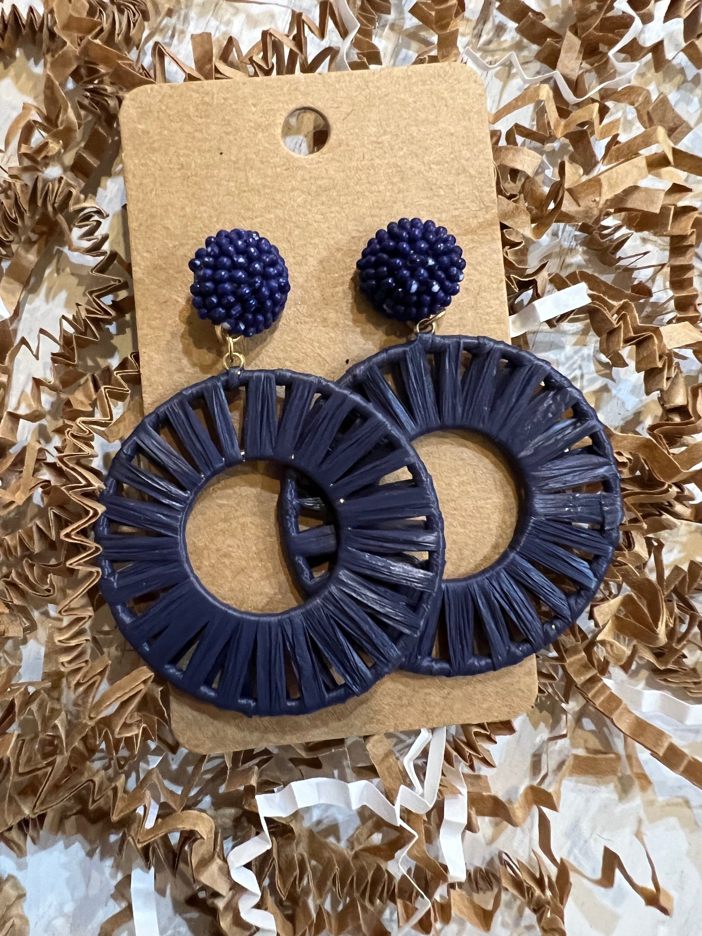 Navy blue Beaded Stud Round Raffia Earrings.