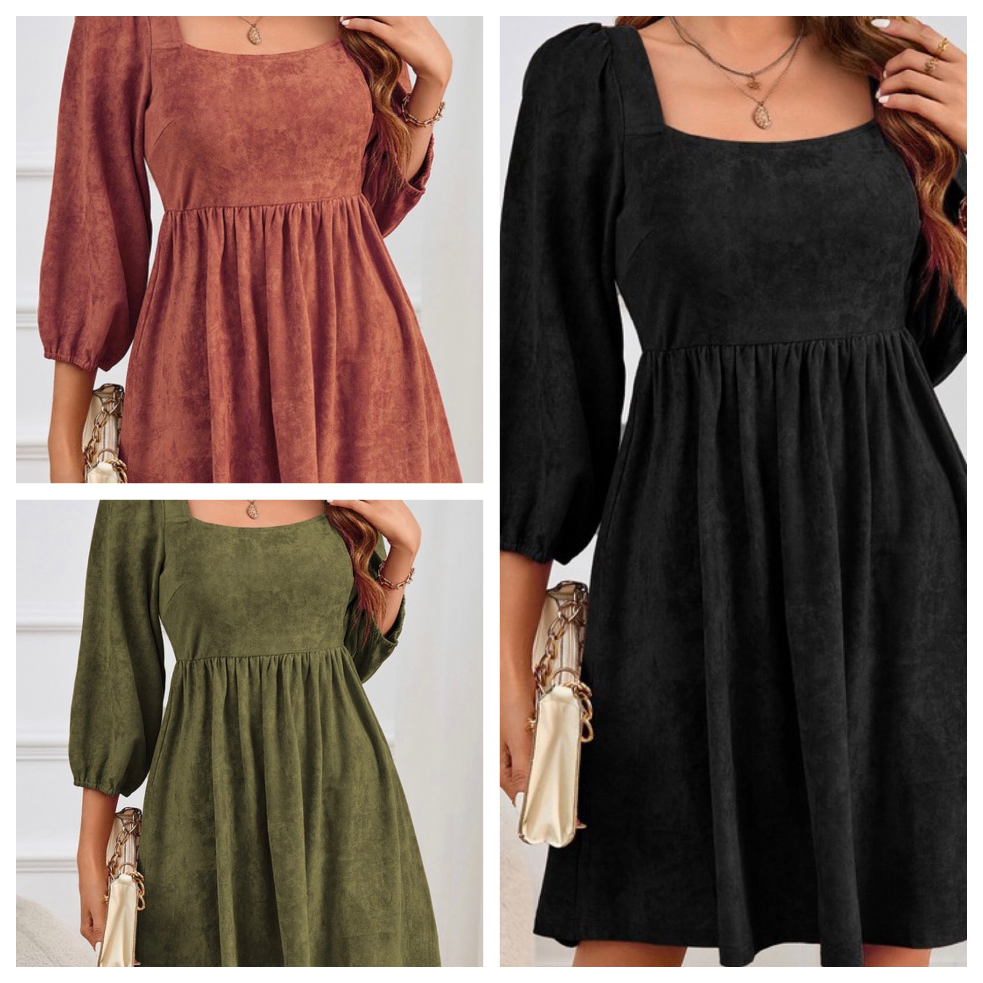 Assorted Square Neck Suede Dress.