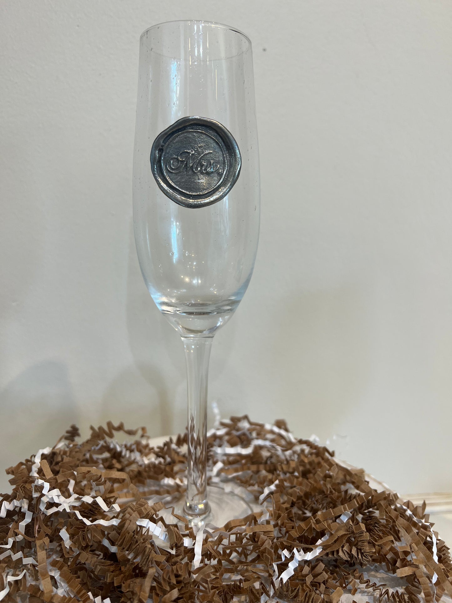 Hand blown drinking glass with custom pewter "Mrs." stamp.