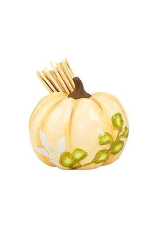 Autumn toothpick holder featuring an orange pumpkin with leaves.