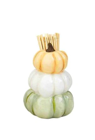 Autumn toothpick holder featuring a stack of orange, white, and blue-green pumpkins.