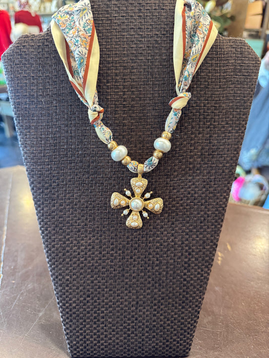 Pearl Cross Pendant Scarf Necklace