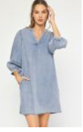Model featuring blue denim midi dress.
