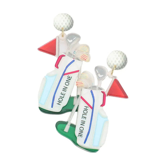 Blue resin golf bag earrings.