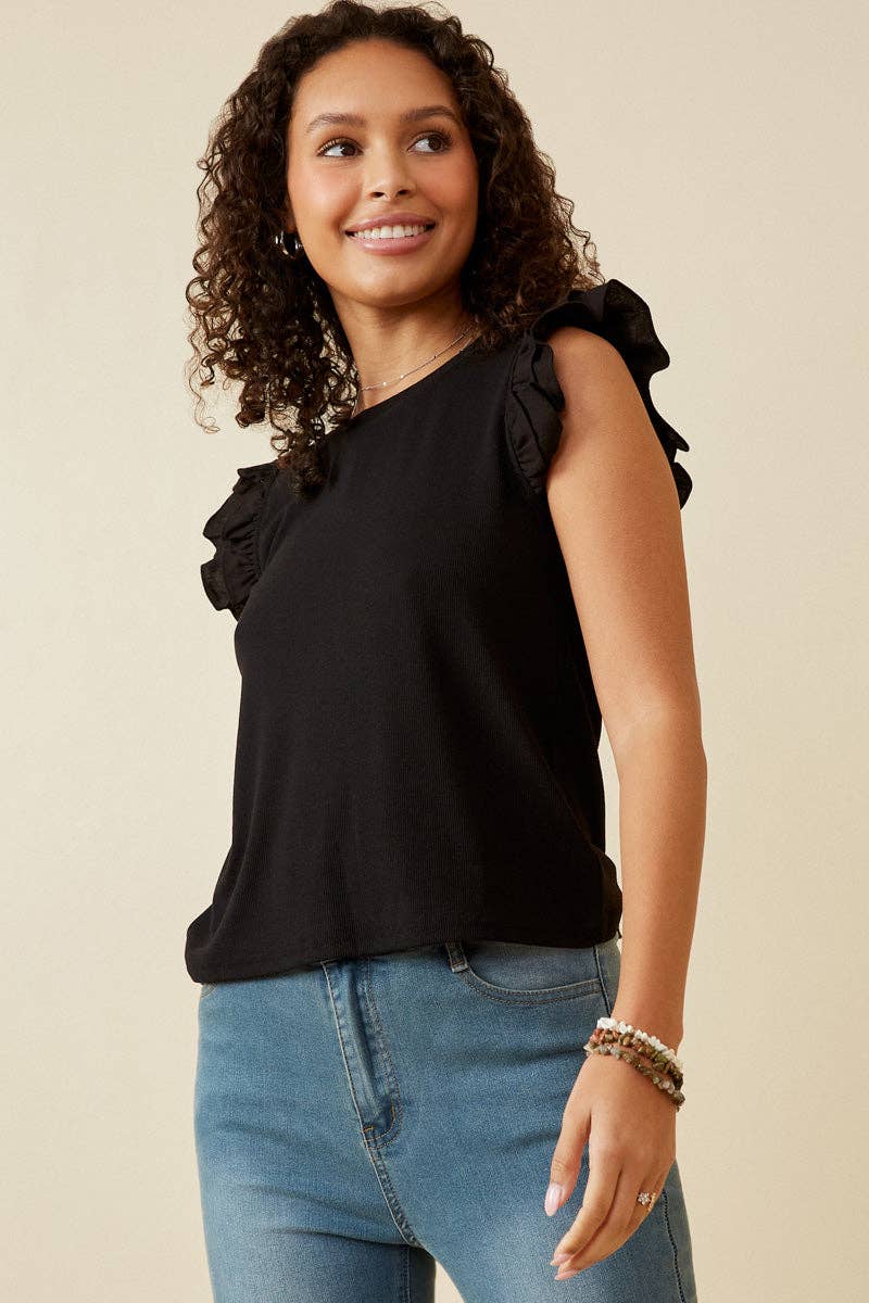 Womens Layered Ruffle Mix Media Ribbed Knit Tank