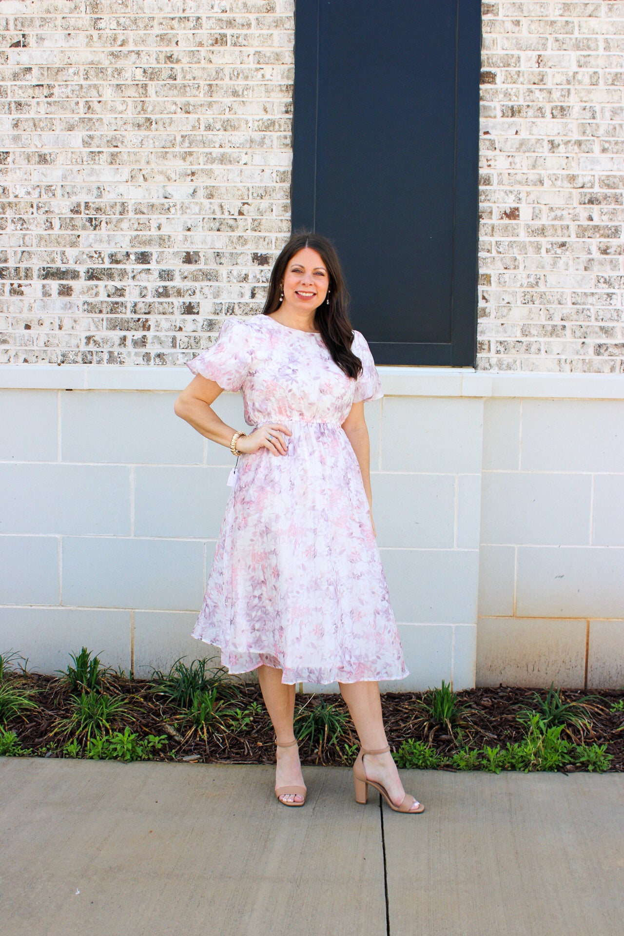 Womens Floral Puff Sleeve Gathered Neck Organza Dress