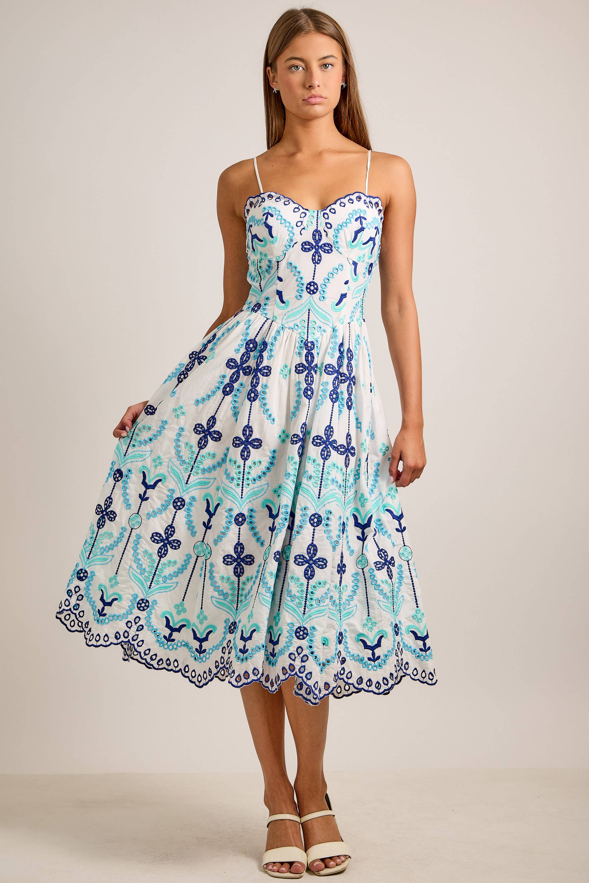 Embroidered Fit-and-Flare Midi Dress