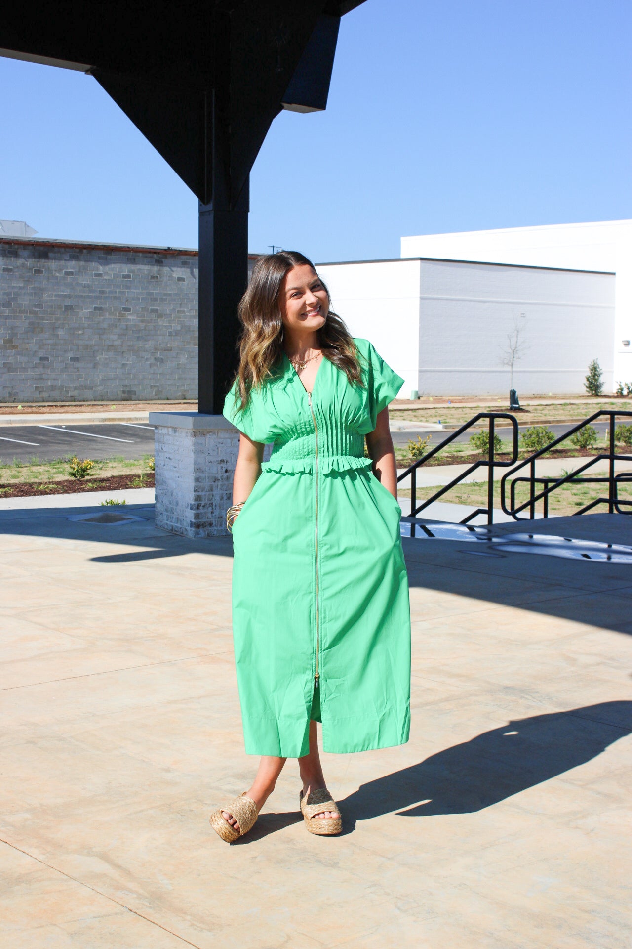 Smocked Waited Zip Midi Dress