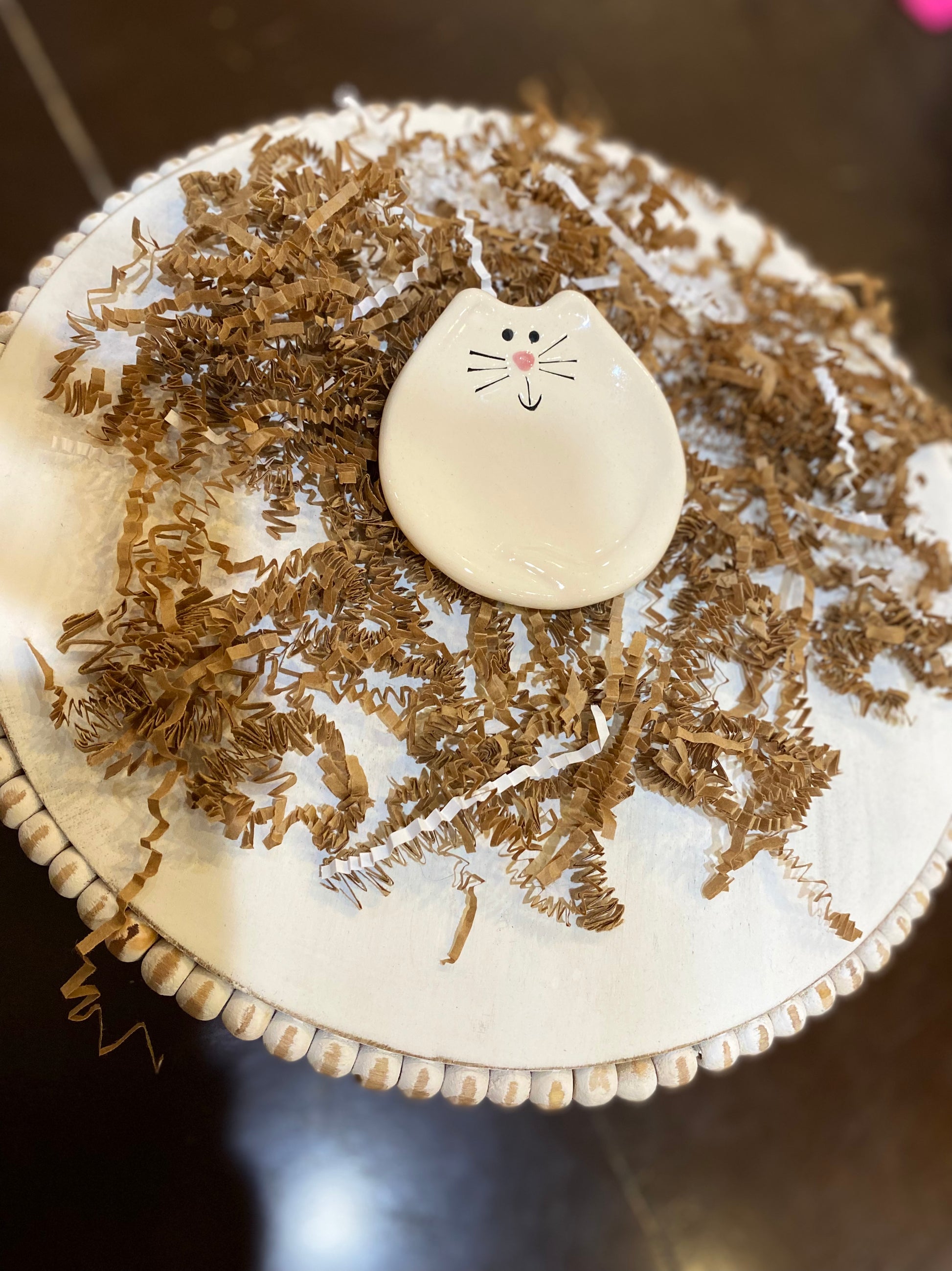 Small handmade white cat ceramic dish.