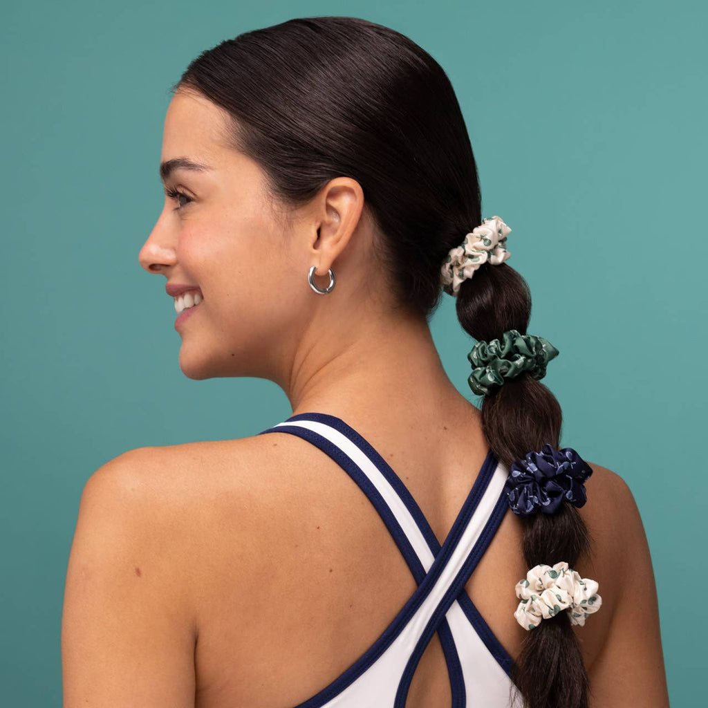 KITSCH - Ruched Satin Scrunchies 5pc Set - Cream, Court Green & Navy Blue