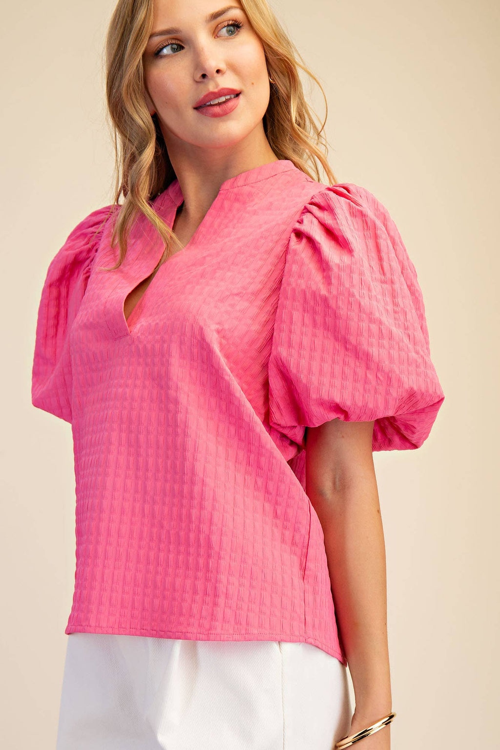 V-Neck Puff-Sleeve Textured Top