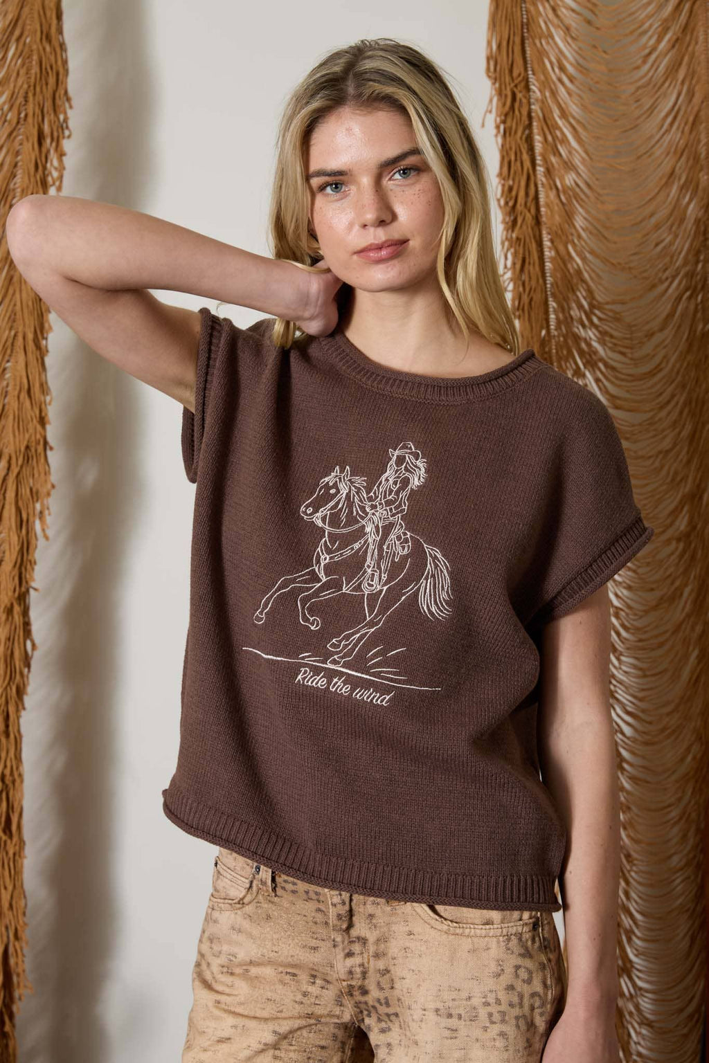 J.O.A - WESTERN EMBROIDERY SHORT SLEEVE KNIT SWEATER