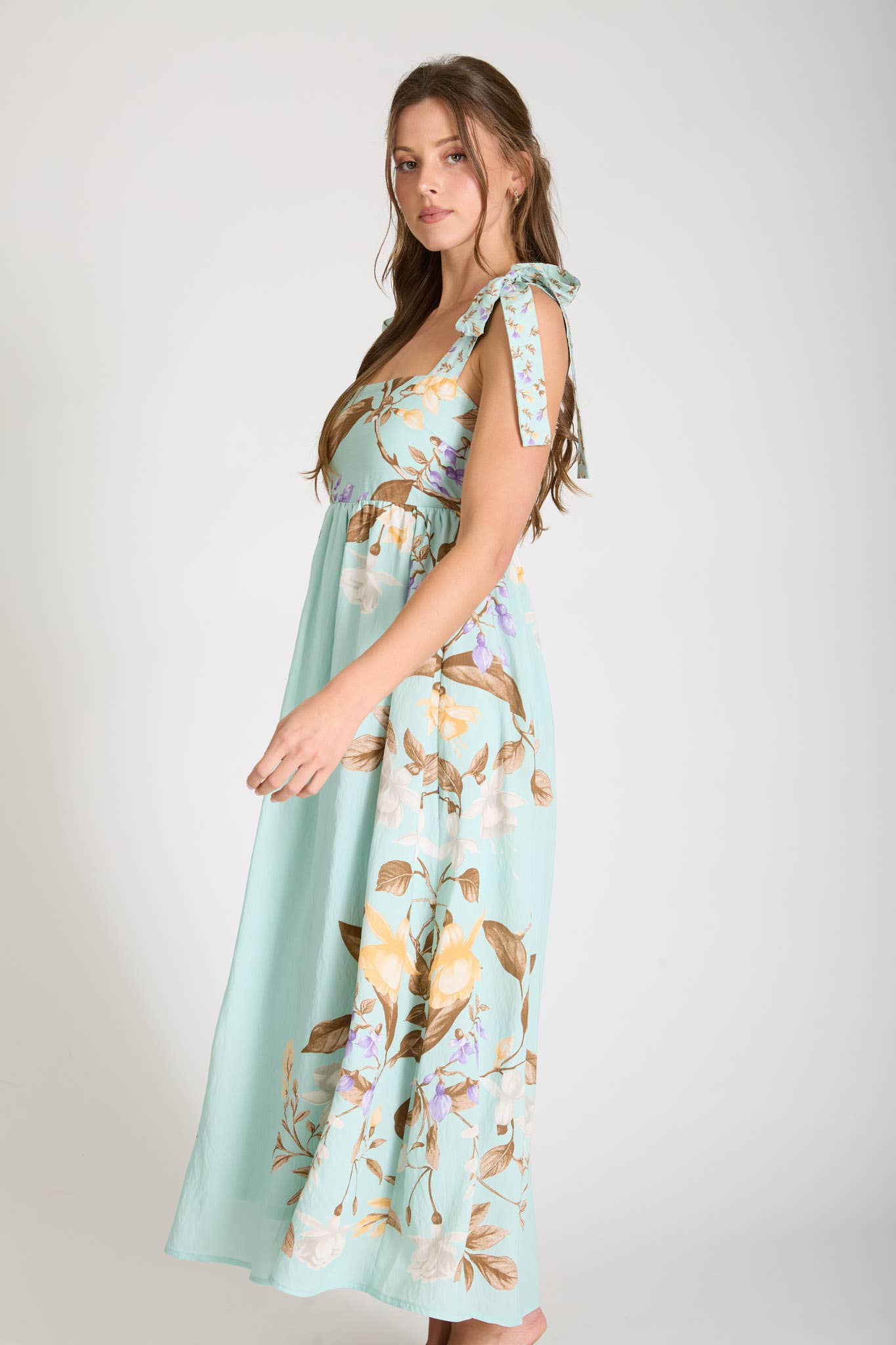 FLORAL TIE STRAP DETAIL EMPIRE WAIST MIDI DRESS
