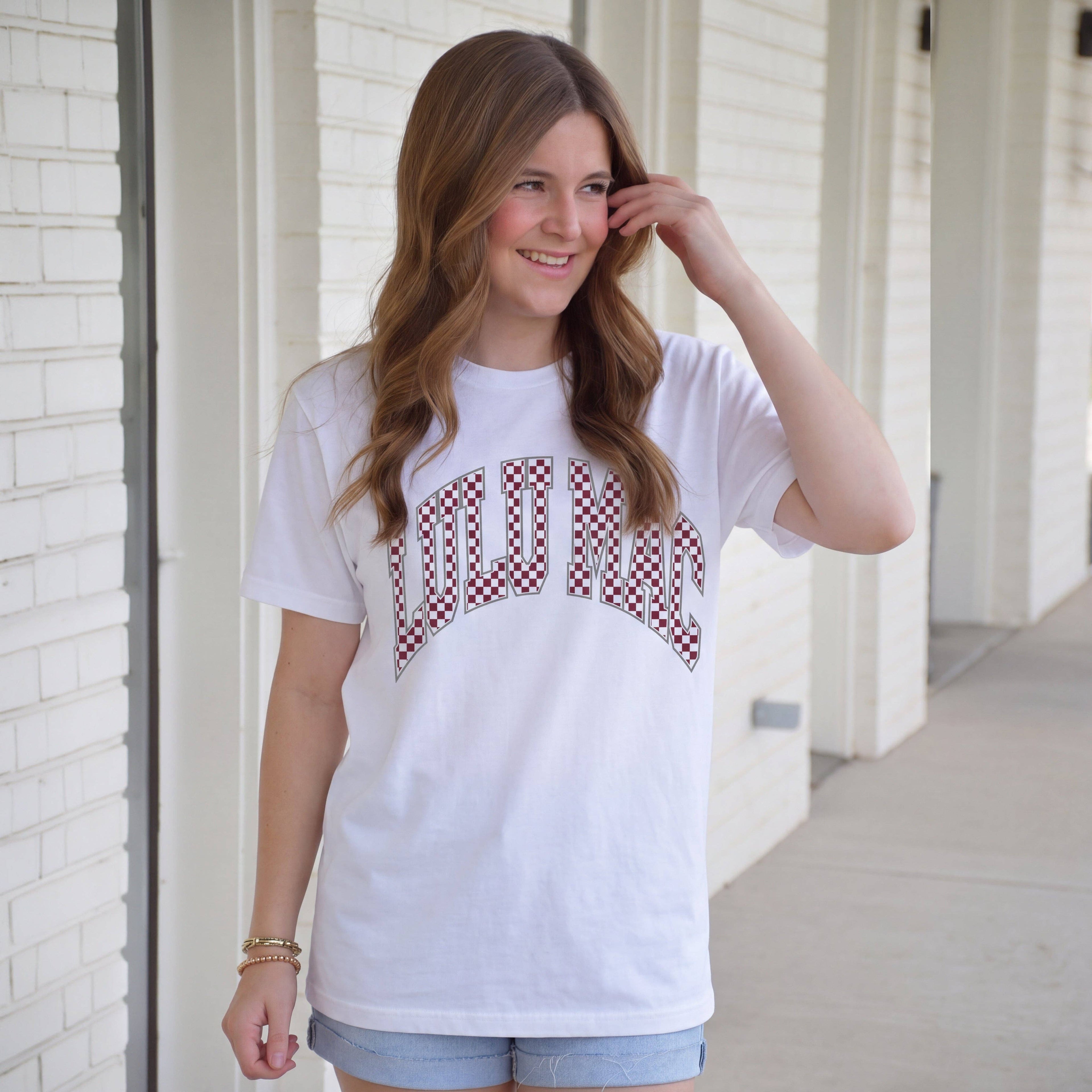 Girlie Girl Originals Team Maroon/White Checkered Adult White Comfort Colors Tee