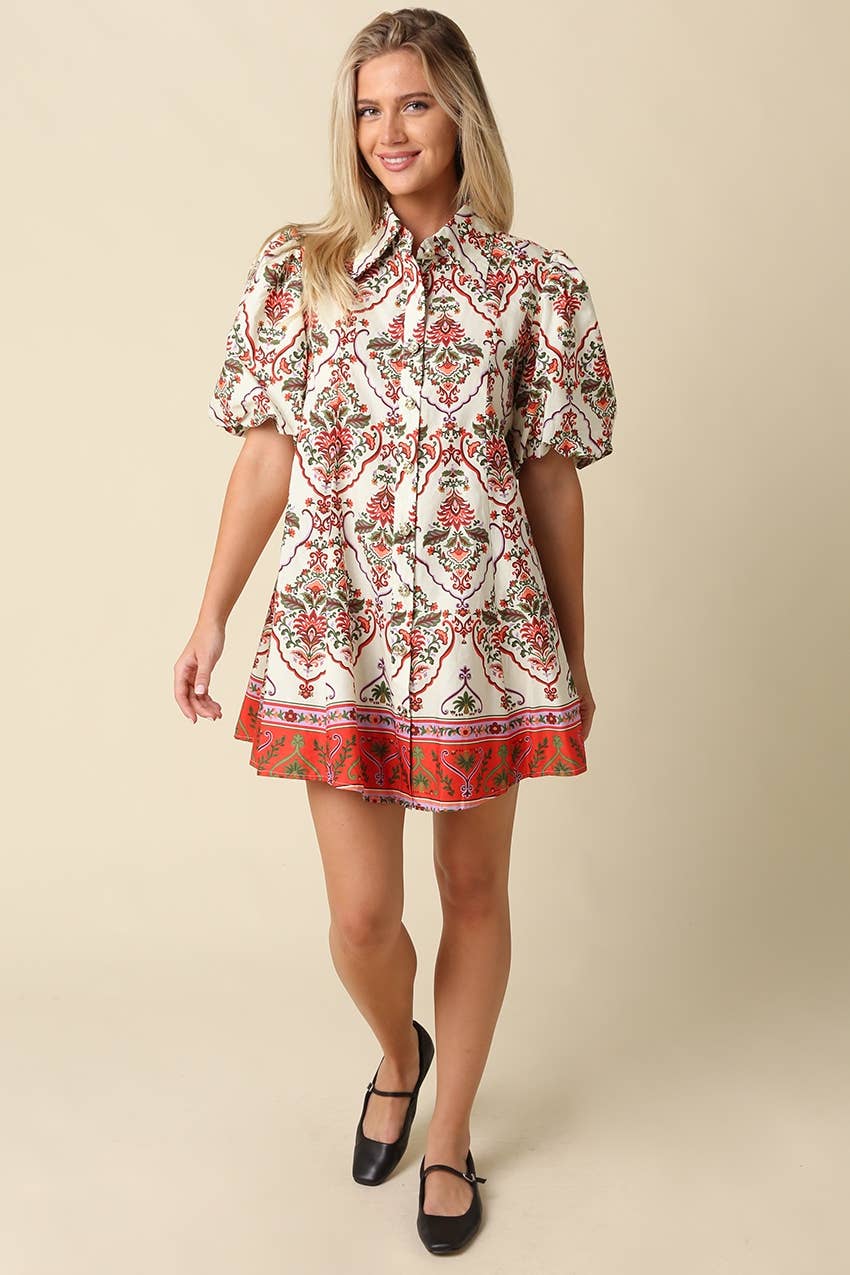 Olivaceous - Mary Print Puff Sleeve Mini Dress