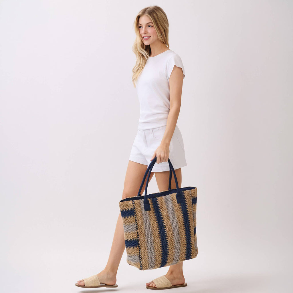 Hana - Multi Color Stripe Pattern Natural Brown Straw Tote Bag