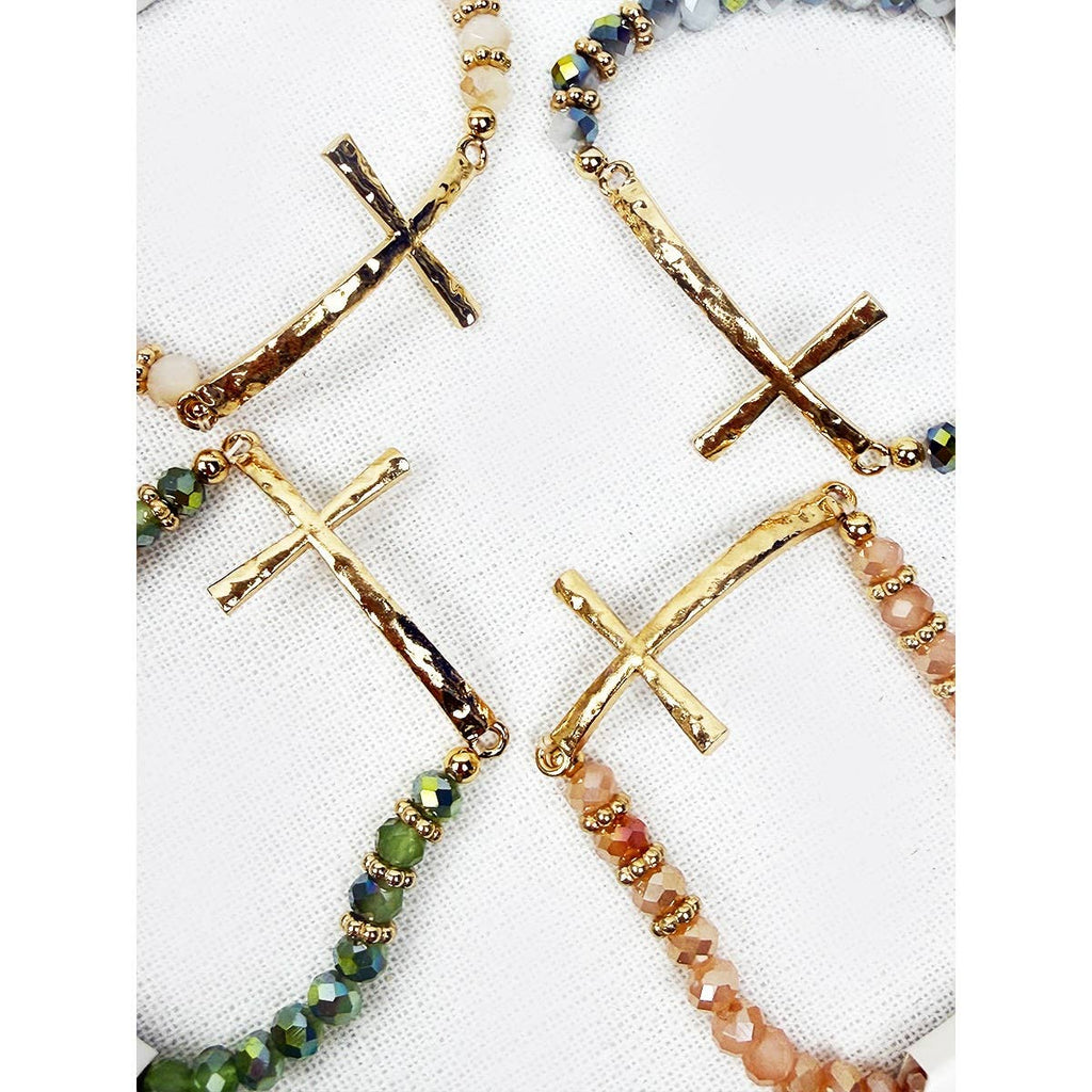 Love and Repeat - Hammered Cross Bead Stretch Bracelet