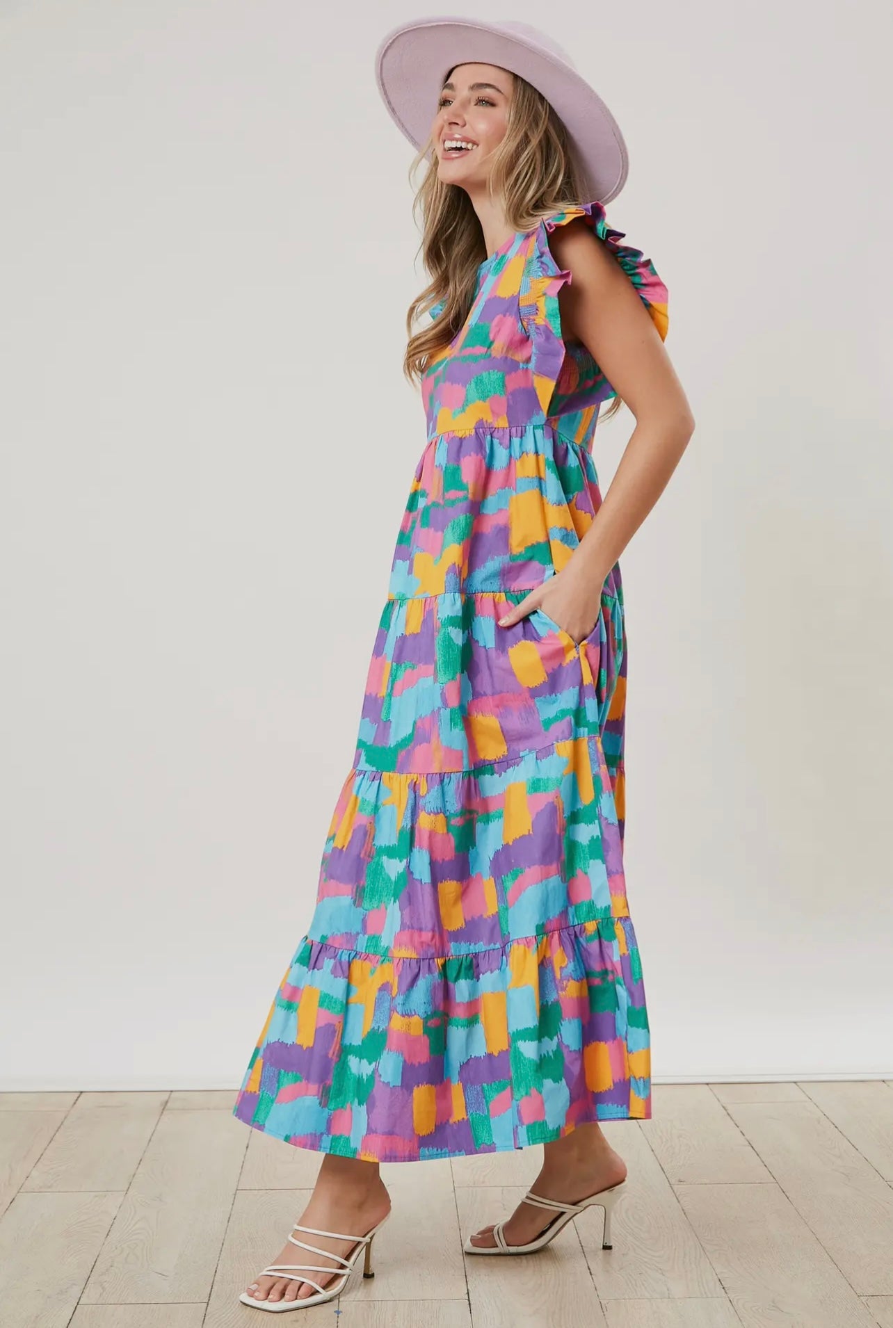 Smocked Ruffle Sleeve Abstract Colors Midi Dress