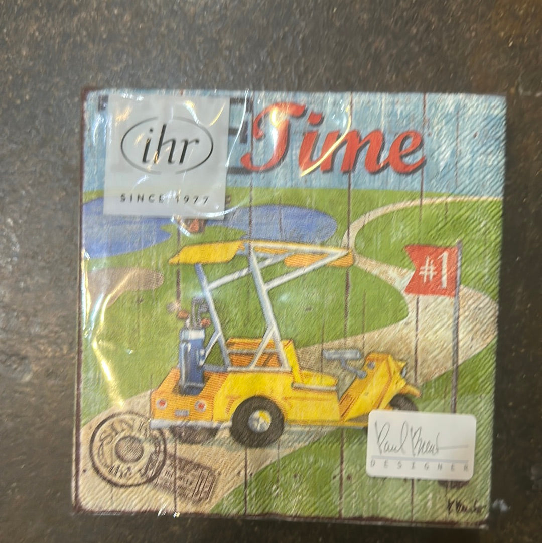 Golf napkins featuring a depiction of a yellow golf cart on a green.