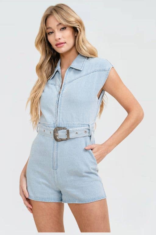 Cloud Ten - CR7246 - Zip-Up Belted Cotton Romper for Women.