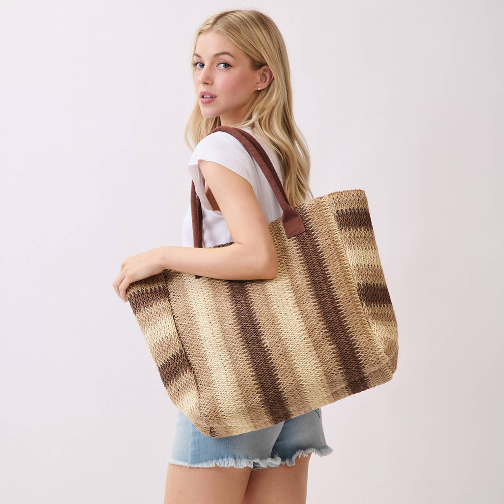Hana - Multi Color Stripe Pattern Natural Brown Straw Tote Bag