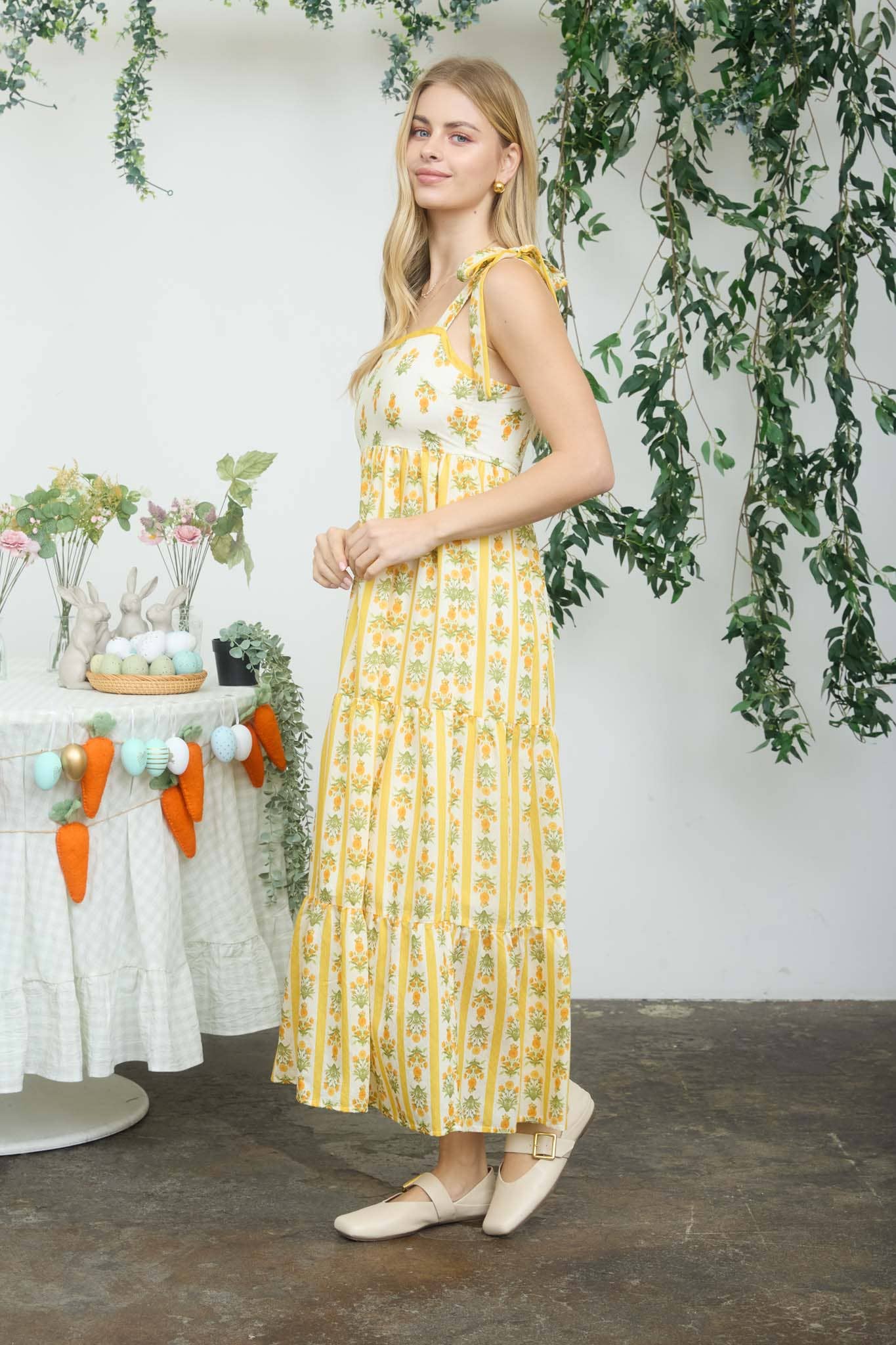 STRIPE FLORAL CONTRAST SLEEVELESS MIDI DRESS